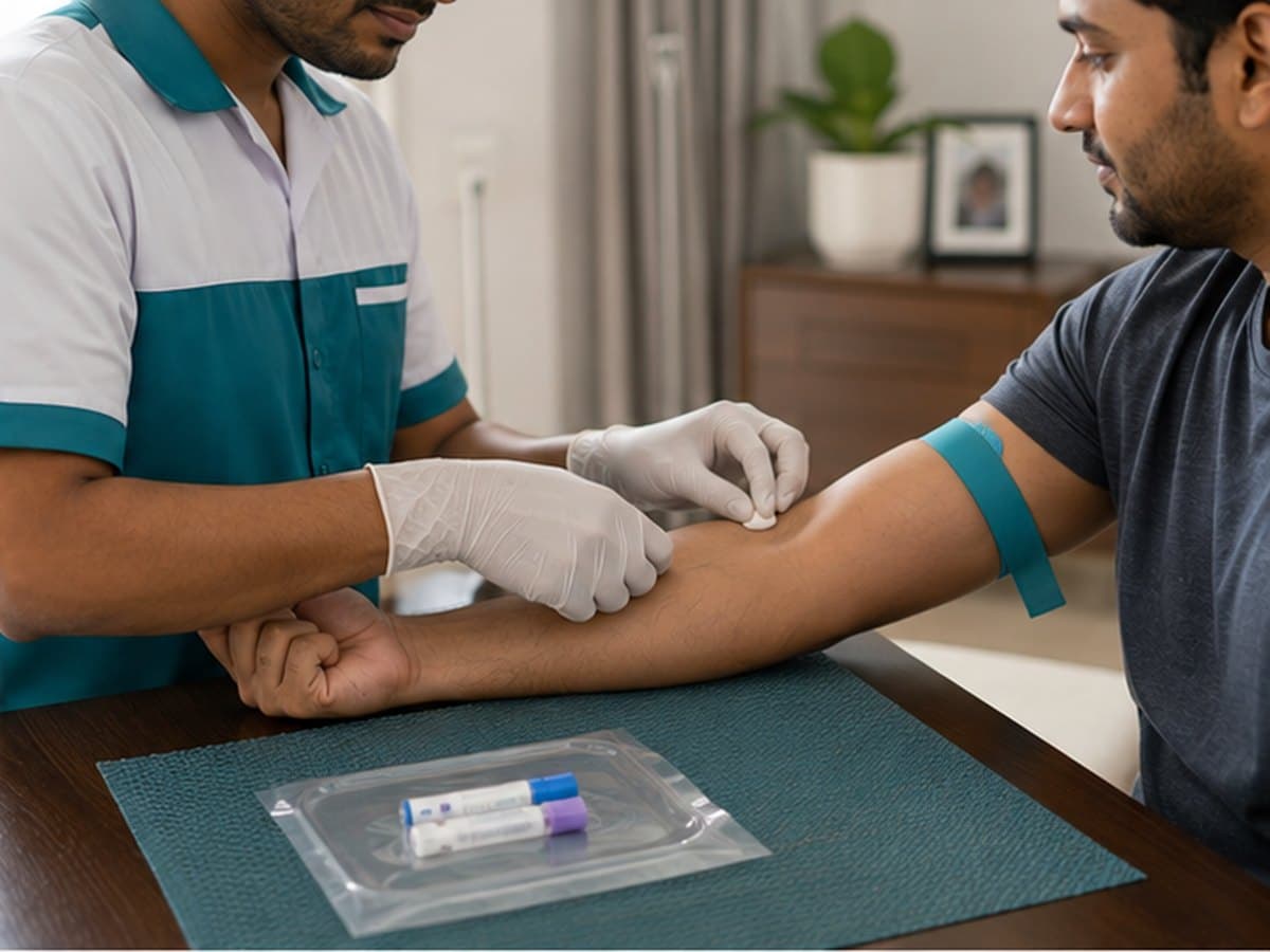 A blood sample being drawn at a dining table in a well-lit home